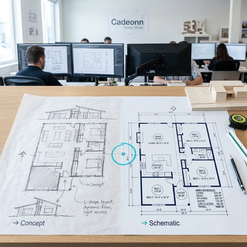 Concept sketch beside schematic drawing