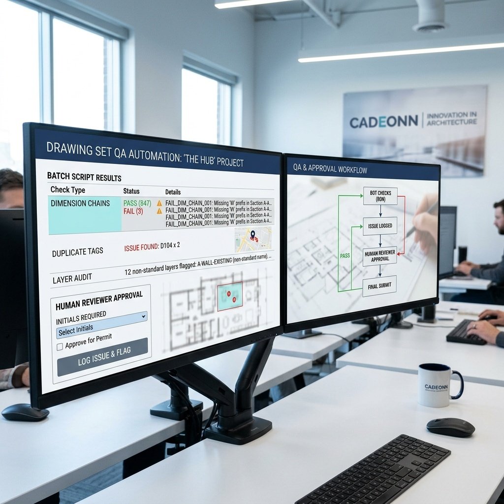 Drafter reviewing an automated model check on a dual-monitor BIM workstation$