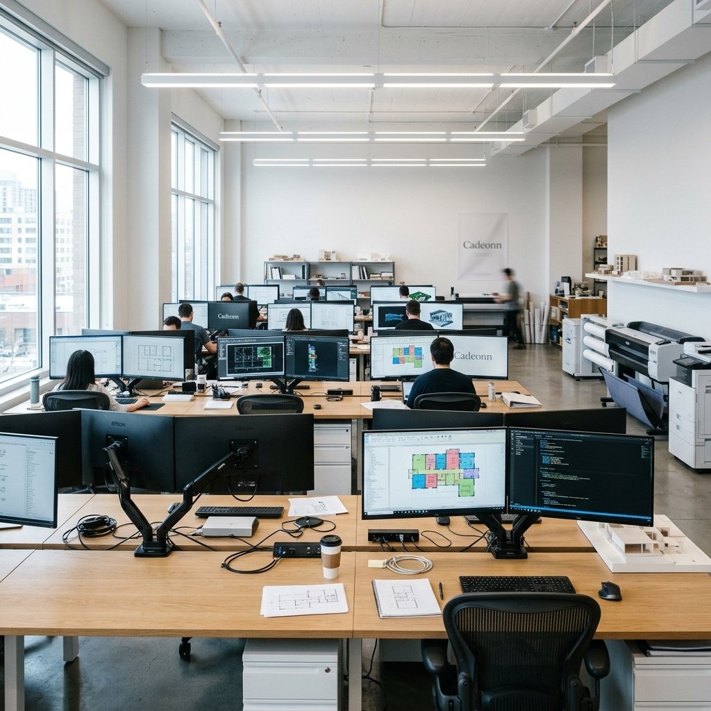 Interior of an architectural drafting studio workspace$